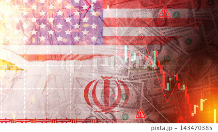 Geopolitical and economic conflict between the USA and Iran, featuring flags, dollar bills, stock market crash graphs, warning signs, and a red Iranian emblem. Finance and economic concept Geopolitical and economic conflict between the USA and Iran, featuring flags, dollar bills, stock market crash graphs, warning signs, and a red Iranian emblem. Finance and economic concept 143470385