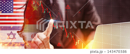 Geopolitical tension with US, China, Israel, and Iran flags over declining financial charts and a businessman hand touching a screen with warning symbols and a laptop. Finance and economic concept Geopolitical tension with US, China, Israel, and Iran flags over declining financial charts and a businessman hand touching a screen with warning symbols and a laptop. Finance and economic concept 143470386