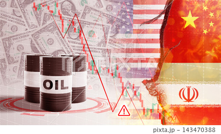 Financial crisis concept illustration featuring oil barrels, declining stock market charts, US dollar bills, and the flags of the USA, China, and Iran. Finance and economic concept 143470388