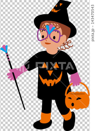 A girl dressed as a witch in a black outfit with a pumpkin pattern for Halloween. 143470543