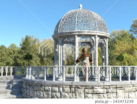3D Fantasy woman dancing near ornate garden gazebo 3D Fantasy woman dancing near ornate garden gazebo 143471239