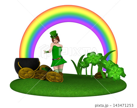3D Leprechaun woman dancing near rainbow and gold coins 3D Leprechaun woman dancing near rainbow and gold coins 143471253