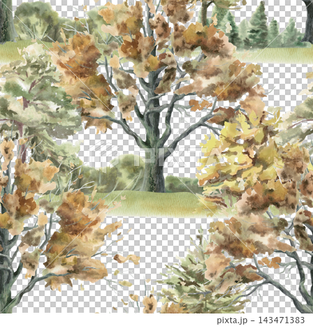 Oak grove seamless watercolor pattern. An isolated illustration for dried fruit packaging, children's clothing design, wallpaper, scrapbooking, bedding, and park merchandise. Oak grove seamless watercolor pattern. An isolated illustration for dried fruit packaging, children's clothing design, wallpaper, scrapbooking, bedding, and park merchandise. 143471383