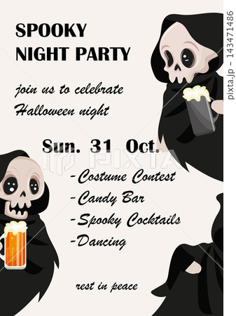 Halloween party poster template featuring skeletons in black cloaks holding glasses of various beers, Halloween-themed design 143471486