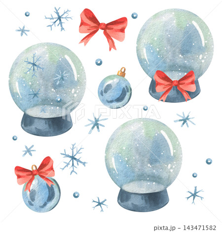 Watercolor snow globes, baubles and snowflakes with red bows. Hand painted Christmas and New Year illustration set. Festive winter decorations. Holiday sticker elements and repeat pattern 143471582