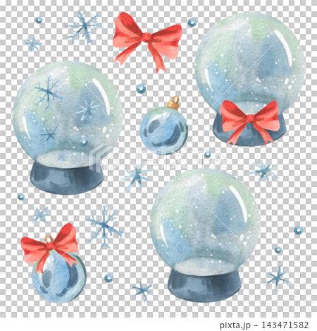 Watercolor snow globes, baubles and snowflakes with red bows. Hand painted Christmas and New Year illustration set. Festive winter decorations. Holiday sticker elements and repeat pattern 143471582