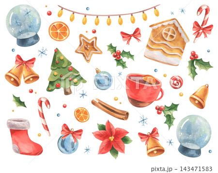Watercolor Christmas and New Year elements with ornaments, bells, candy canes and decorated tree. Holiday sweets and greenery collection. Hand painted festive clipart for stickers and cards. Watercolor Christmas and New Year elements with ornaments, bells, candy canes and decorated tree. Holiday sweets and greenery collection. Hand painted festive clipart for stickers and cards. 143471583