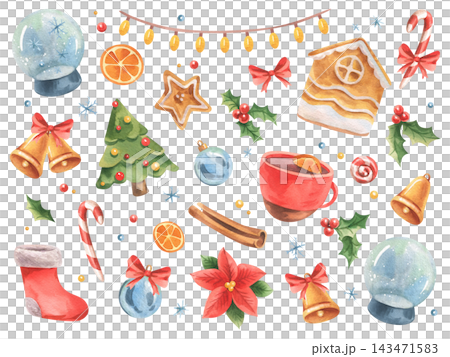 Watercolor Christmas and New Year elements with ornaments, bells, candy canes and decorated tree. Holiday sweets and greenery collection. Hand painted festive clipart for stickers and cards. Watercolor Christmas and New Year elements with ornaments, bells, candy canes and decorated tree. Holiday sweets and greenery collection. Hand painted festive clipart for stickers and cards. 143471583