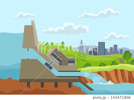 Hydroelectric power plant. Alternative energy concept, factory electric. Water power station with dam on the river. Vector illustration Hydroelectric power plant. Alternative energy concept, factory electric. Water power station with dam on the river. Vector illustration 143471906