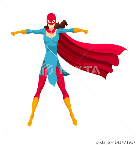 Female superhero character in blue bodysuit with red cape and mask shown in action pose Female superhero character in blue bodysuit with red cape and mask shown in action pose 143471917