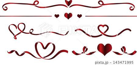 set of decorative frames for greeting card, banner, or poster designs, featuring ribbons arranged into various heart shapes with a red gradient 143471995