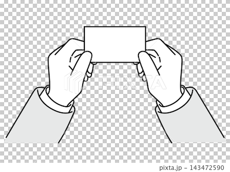 Illustration of a male office worker's hands as he hands over a business card. 143472590