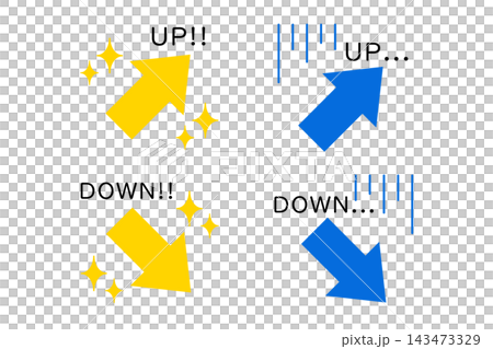 A set of arrows with glitter, shock lines, and the words "up" and "down" applied to them. A set of arrows with glitter, shock lines, and the words "up" and "down" applied to them. 143473329