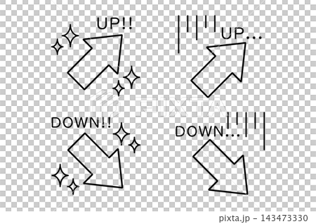 A set of arrows with glitter, shock lines, and the words "up" and "down" applied to them. 143473330
