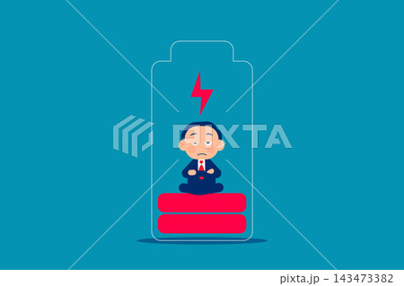 Loss. Businessman meditating inside the battery to charge. Loss. Businessman meditating inside the battery to charge. 143473382