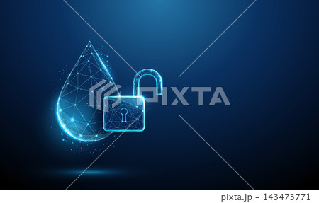 3D blue water drop with open lock. Water security, data privacy, access unlock, resource protection, conservation, droplet safety, encryption, liquid, purity concept 3D blue water drop with open lock. Water security, data privacy, access unlock, resource protection, conservation, droplet safety, encryption, liquid, purity concept 143473771