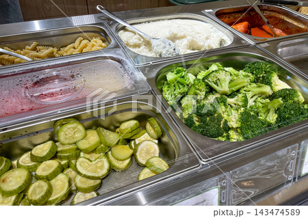 Buffet smorgasbord in hotel restaurant, various food garnish dishes on tray Buffet smorgasbord in hotel restaurant, various food garnish dishes on tray 143474589