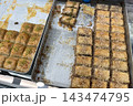 Oriental baklava sweets on supermarket shelf, market with traditional dishes 143474795