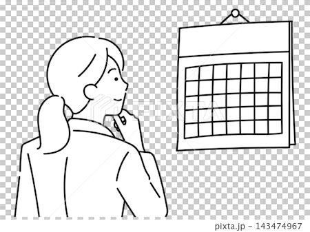 Illustration of a female office worker looking at a calendar Illustration of a female office worker looking at a calendar 143474967