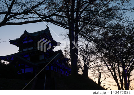 夕暮れの空を背景に日本の城のシルエット 高田城三重櫓 夕暮れの空を背景に日本の城のシルエット 高田城三重櫓 143475082