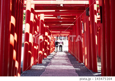 日本の神社に並ぶ赤い鳥居と参拝者 日本の神社に並ぶ赤い鳥居と参拝者 143475164