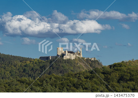 Cachtice Castle ruins on a forested hilltop in Slovakia 143475370