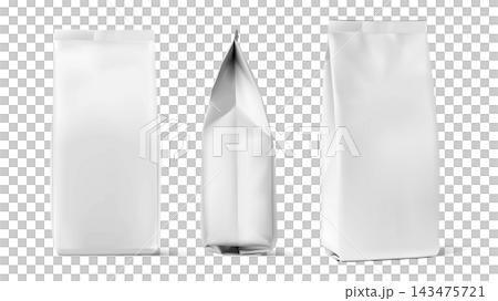 Hyper realistic vertical bag mockup. Front, side and half side view. Vector illustration isolated on white background. Can be use for template your design, presentation. EPS10. 143475721