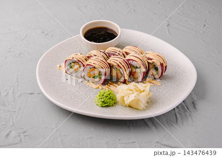 Sushi rolls with tempura shrimp and sauce Sushi rolls with tempura shrimp and sauce 143476439