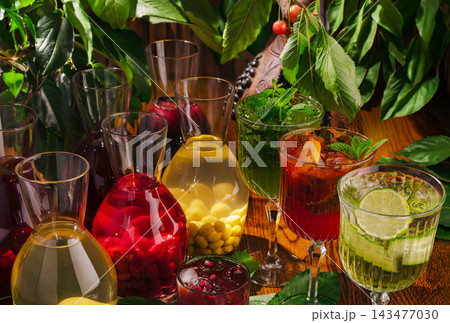 Refreshing summer fruit drinks with fresh mint and lime Refreshing summer fruit drinks with fresh mint and lime 143477030