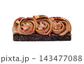 Chocolate brownie bar with ganache frosting and raspberries 143477088