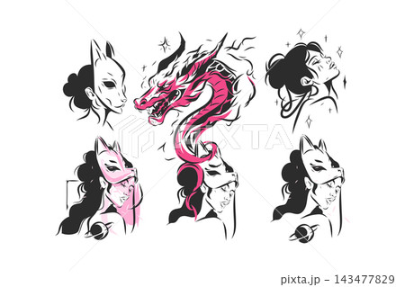 Japanese Dragon and Kitsune Women Collection, Mystical Fox Mask Female Portraits with Celestial Elements, Fantasy Tattoo Vector Set 143477829