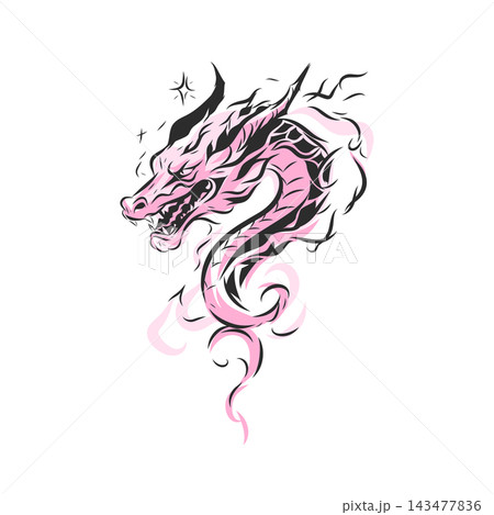 Pink Japanese Dragon Tattoo Design, Mythical Asian Dragon with Celestial Stars and Flowing Smoke, Fantasy Line Art Vector Illustration 143477836