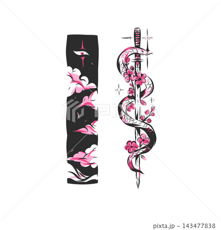 Japanese Katana and Floral Snake Tattoo Set, Mystical Woman Eyes with Clouds and Serpent Sword, Black Pink Asian Tattoo Vector Illustration Japanese Katana and Floral Snake Tattoo Set, Mystical Woman Eyes with Clouds and Serpent Sword, Black Pink Asian Tattoo Vector Illustration 143477838