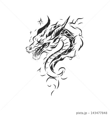 Japanese Dragon Tattoo Line Art, Mythical Asian Dragon Head with Horns and Celestial Stars, Bold Black Fantasy Vector Illustration 143477848