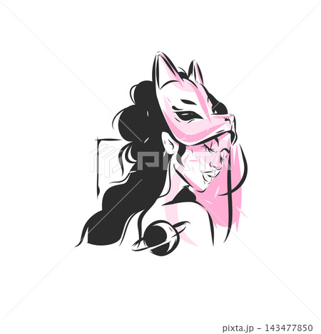 Mystical Woman Wearing Kitsune Fox Mask with Saturn Planet, Japanese Fantasy Y2K Tattoo Style Female Portrait Vector Illustration 143477850