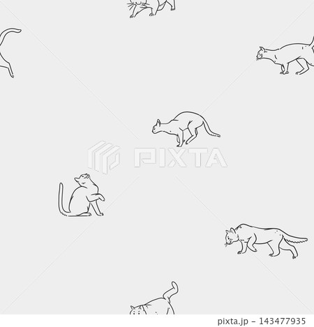 Hand drawn vector abstract graphic line art seamless pattern with adorable cute funny cat character.Vector illustration of funny cartoon outline cat in trendy line style. Drawing line art cat pattern. 143477935