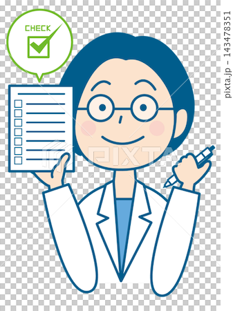 A woman in a white coat and glasses holding a checklist. A woman in a white coat and glasses holding a checklist. 143478351