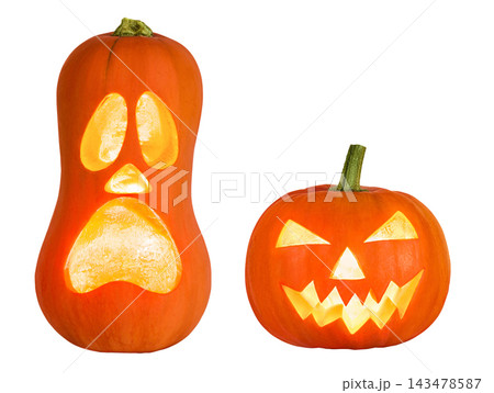 Funny Jack O Lantern halloween pumpkin with candle light inside isolated on white background Funny Jack O Lantern halloween pumpkin with candle light inside isolated on white background 143478587
