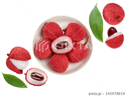 lychee fruit in ceramic bowl isolated on white background with full depth of field. Top view. Flat lay lychee fruit in ceramic bowl isolated on white background with full depth of field. Top view. Flat lay 143478619