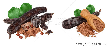 Carob pod and powder isolated on white background with full depth of field. Carob pod and powder isolated on white background with full depth of field. 143478657