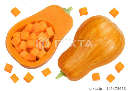 butternut squash half isolated on white background with full depth of field. Top view. Flat lay butternut squash half isolated on white background with full depth of field. Top view. Flat lay 143478658