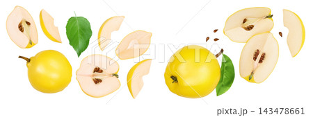 Fresh quince with half and slices isolated on the white background with full depth of field. Top view. Flat lay Fresh quince with half and slices isolated on the white background with full depth of field. Top view. Flat lay 143478661