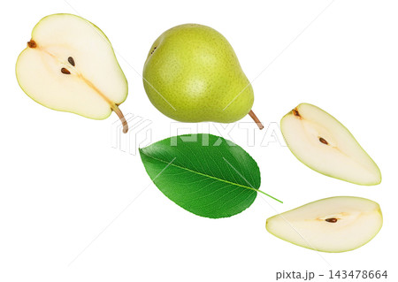 Green pear fruit with half and slices isolated on white background . Top view. Flat lay Green pear fruit with half and slices isolated on white background . Top view. Flat lay 143478664