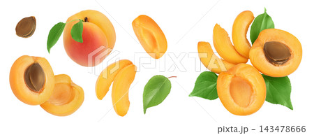 apricot fruit with half and slices isolated on white background. Top view. Flat lay apricot fruit with half and slices isolated on white background. Top view. Flat lay 143478666