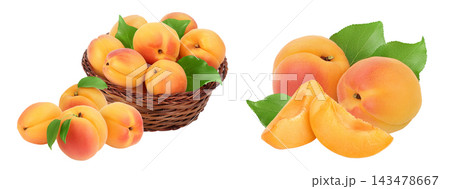 apricot fruit in Wicker basket isolated on white background. Clipping path and full depth of field apricot fruit in Wicker basket isolated on white background. Clipping path and full depth of field 143478667