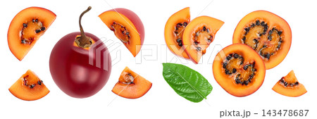 Fresh tamarillo fruit slices with leaves isolated on white background. Top view. Flat lay. Set or collection 143478687