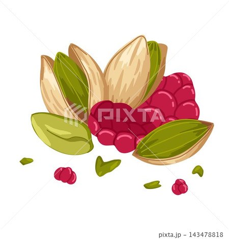Mix of pistachio and raspberry chunks. Vector hand drawn composition with opened, crushed nuts kernel for healthy food visuals, product design, dessert branding, menu, stickers, packaging Mix of pistachio and raspberry chunks. Vector hand drawn composition with opened, crushed nuts kernel for healthy food visuals, product design, dessert branding, menu, stickers, packaging 143478818