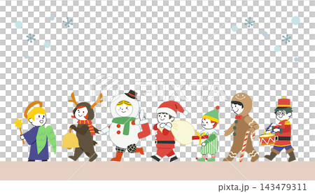 Smiling children in Christmas costumes marching - Colorful vector illustration Smiling children in Christmas costumes marching - Colorful vector illustration 143479311