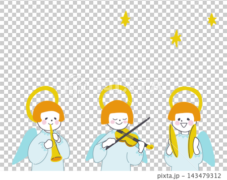 An illustration of an angelic orchestra (violin, trumpet, cymbals) An illustration of an angelic orchestra (violin, trumpet, cymbals) 143479312