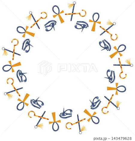 Ankh, Eye of Horus and crossed scepters arranged in a round frame. Vector hand drawn cartoon illustration for historical Egyptian design, mystical packaging, isolated on white with copy space 143479628
